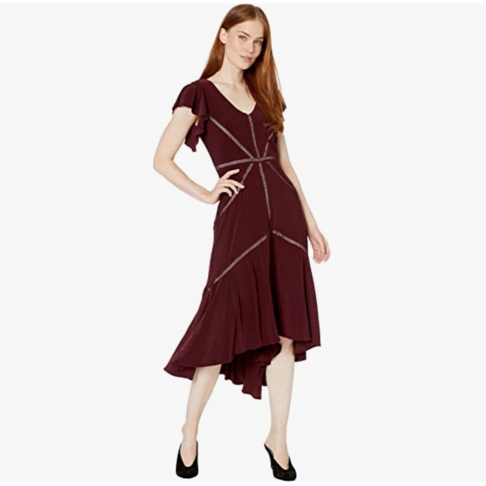 Taylor Burgundy Blush Ruffle Sleeve High Low Knit Midi Dress